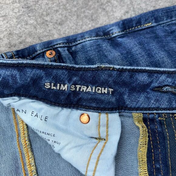 American Eagle Jeans Mens 32x34 Blue Slim Straight Stretch Whiskered Denim Pants - Picture 6 of 13